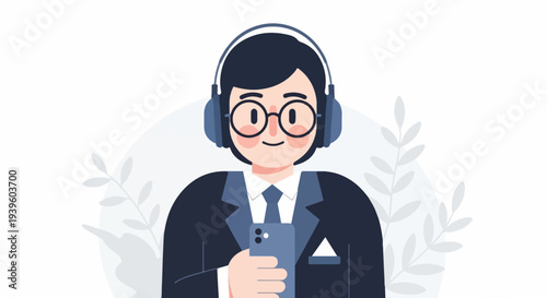 A stylized illustration of a person in a suit and headphones holding a smartphone