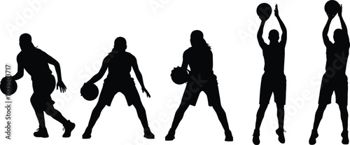 Basketball player silhouettes set, dribbling shooting poses vector collection, sport athlete icons isolated on white background for design