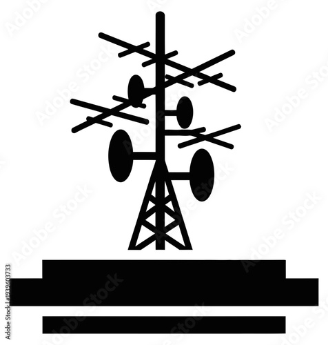 Simple black and white illustration of a telecommunication tower with multiple antennas and dishes mounted on a platform