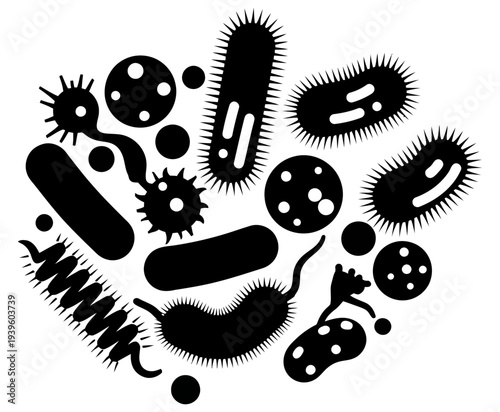 Various types of bacteria and microorganisms arranged in a circular pattern illustrating diverse microbial life forms and their structures
