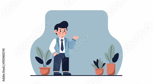 Animated man in a suit gestures toward potted plants against a soft blue background