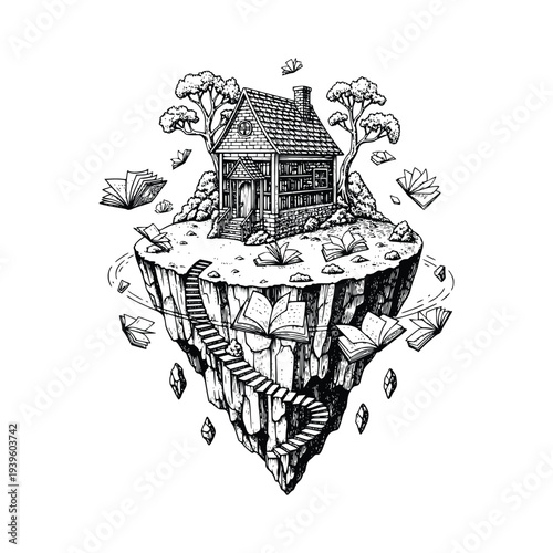 Engraving Flying island with library house and magic books surreal engraving fantasy education concept levitating rock landscape