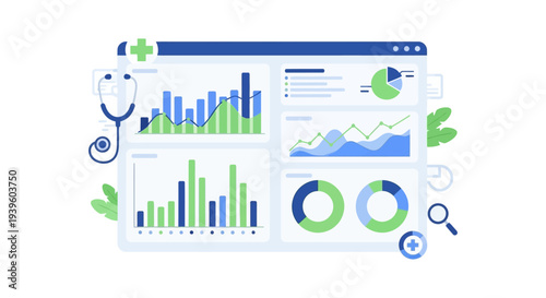 Healthcare Data Analytics Dashboard. Digital medical platform for health insights, patient management, and diagnostic visualization with stethoscope icon.