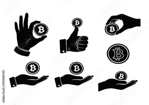 Hand Holding Bitcoin Icon Set: Crypto Currency Transaction and Digital Wallet Silhouette Variations