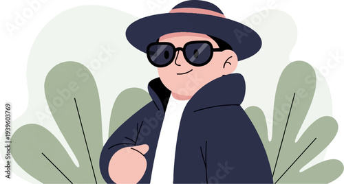 Person in hat and sunglasses stands amidst lush green foliage