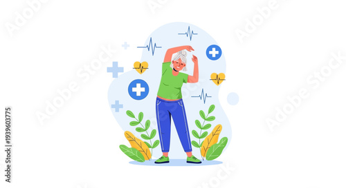 Happy Senior Woman Exercising for Health and Vitality. Active Elderly Lady Stretching for Well-being, Heart Health, and an Energetic Lifestyle Illustration.