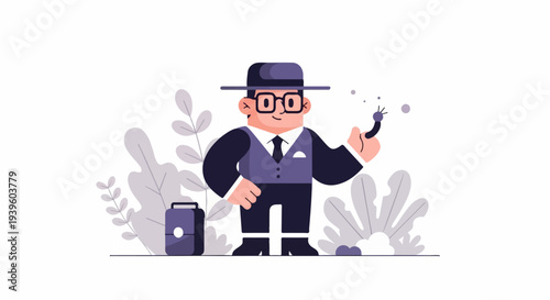 Cartoon man in suit with hat and glasses holding object amidst foliage