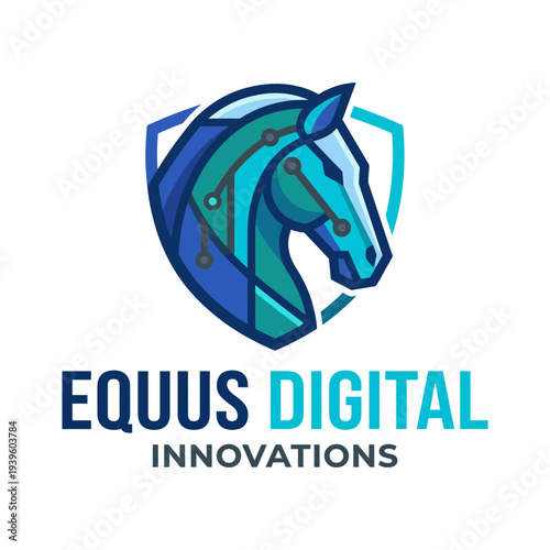 A modern and sleek logo design featuring a horse's head, intricately designed with elements representing technology, innovation, and digital solutions in a professional manner.