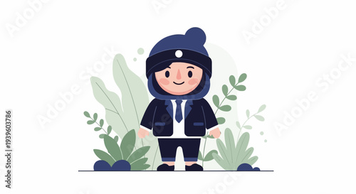 A cartoon person in a suit and hijab stands amidst stylized greenery