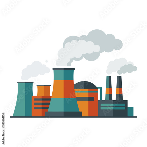 A colorful and modern representation of an industrial power plant, highlighting smokestacks and energy production, ideal for concepts surrounding technology and sustainability.