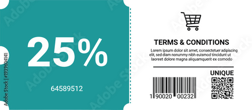 Promotional discount coupon ticket design with teal and white layout, save 25 percent offer, barcode, QR code, and editable voucher for retail and e‑commerce campaigns.