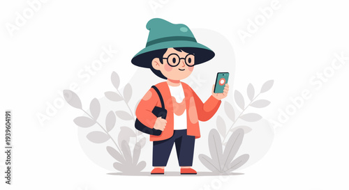 Cartoon person wearing a wide-brimmed hat and glasses, holding a smartphone