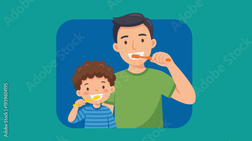 This delightful illustration showcases a father and son joyfully brushing their teeth together, emphasizing the importance of dental hygiene and family bonding in a fun way.