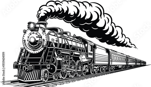 Steam locomotive pulling passenger train silhouette, vintage railway transport artwork, industrial design illustration of historical rail travel