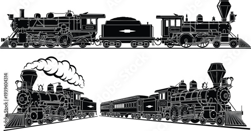 Vintage steam locomotive silhouettes with coal tender and passenger cars, historical railway transport artwork, industrial train design illustration