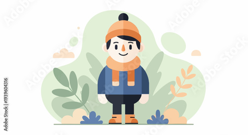 A cheerful young boy in winter attire stands amidst a serene natural backdrop