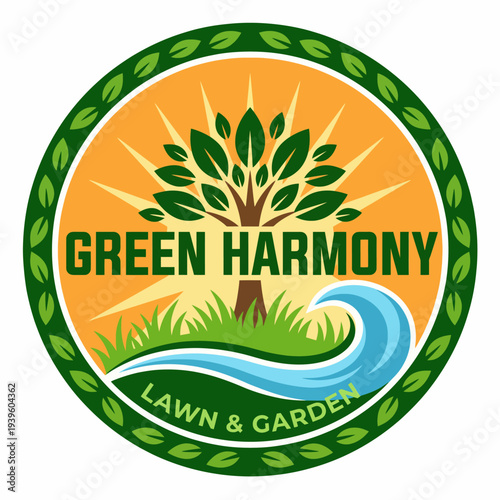 A vibrant logo displaying a tree and wave, representing ecological balance and harmony in lawn care and gardening services, ideal for brands focused on sustainability and nature.