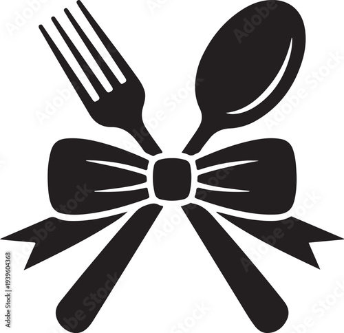 Crossed fork and spoon utensils elegantly tied together with a decorative black ribbon bow