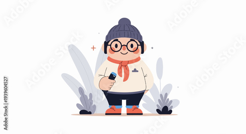 A cheerful, round character in winter attire holds a microphone amidst stylized foliage