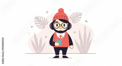 A cheerful, bearded character with glasses and headphones, holding a phone