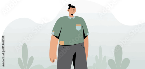 A smiling person with hair in a bun stands in a minimalist, abstract outdoor setting