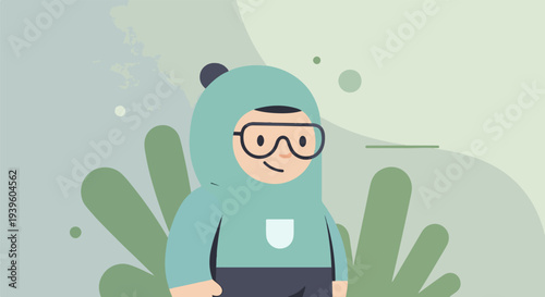 A cartoon figure with glasses and a hood stands against a backdrop of soft green and blue shapes