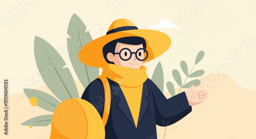 A stylized person wearing a wide brimmed hat, scarf, and jacket, carrying a bag amidst foliage
