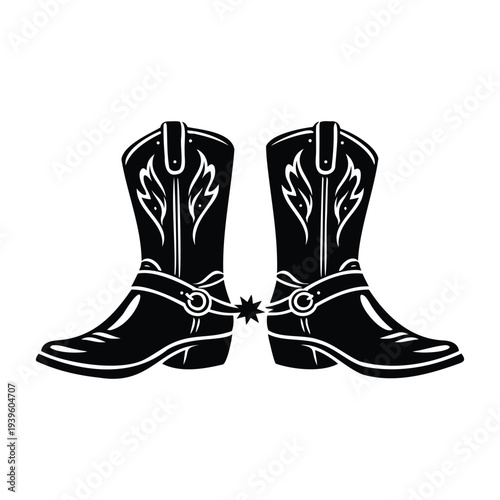 Cowboy boots and western hat silhouette , rodeo cowboy symbol vector illustration, cowboy boot line art isolated on white background 