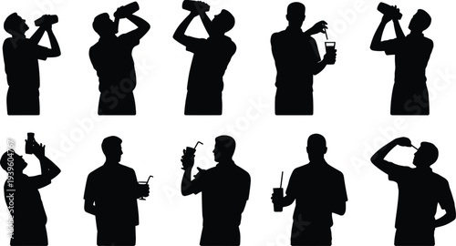 Man drinking water and juice silhouettes set, healthy hydration poses vector illustration isolated on white background for designMan drinking water and juice 