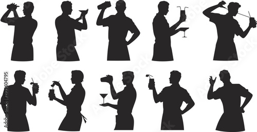 Bartender mixing cocktails silhouettes set, barman drink preparation vector illustration isolated on white background for bar menu design