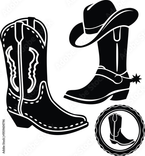 Cowboy boots and western hat silhouette , rodeo cowboy symbol vector illustration, cowboy boot line art isolated on white background 