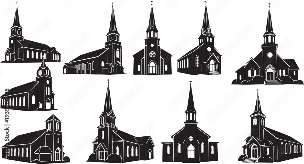 Fototapeta premium Collection of various church buildings in black silhouette style