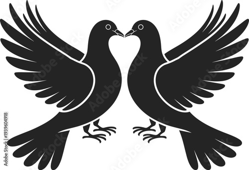 Romantic dove silhouette pair forming heart shape, love birds wings spread vector illustration isolated on white background