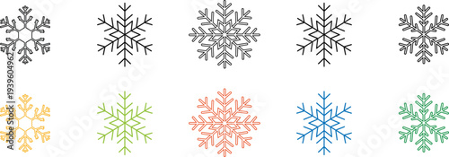 Collection of colorful and monochromatic snowflakes on white background