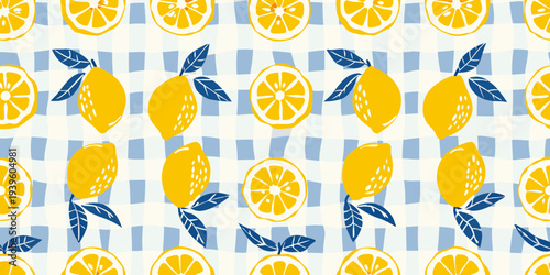 Bright lemon and leaf pattern on a blue and white checkered background