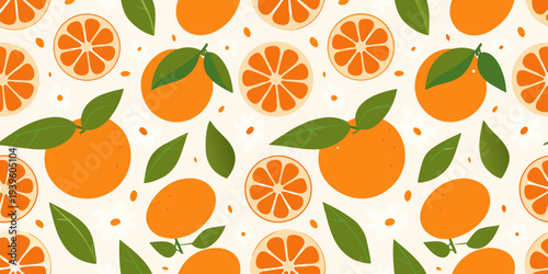 Seamless pattern of vibrant oranges leaves and sliced fruit