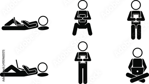 Black Stick Figure Icons Set Representing Various People Using Laptops and Tablets While Lying Down Standing Sitting and Relaxing in Different Comfortable Body Postures