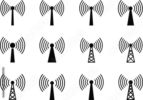 Set of twelve black vector icons of radio towers emitting signals, representing wireless communication, broadcasting, connectivity, and telecommunications technology for digital networks.