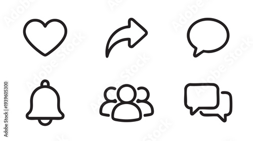 Set of 6 social media icons vector, outline style