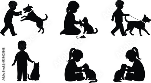 Children playing with pets silhouette collection, kids with dog and cat friendship vector isolated on white background