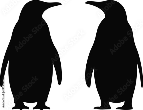 Cute penguin silhouette pair facing each other, black animal vector illustration isolated on white background for winter design