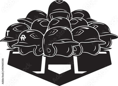 Baseball helmets stacked in a black and white illustration