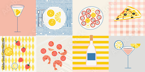 A colorful and playful collage of summer food and drinks