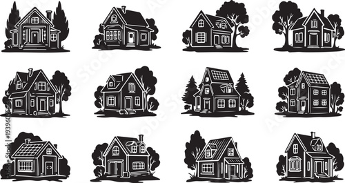 Black and white illustration of various house designs collection