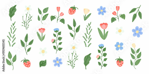 Colorful floral arrangement featuring various flowers leaves and strawberries