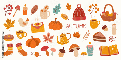A colorful autumn illustration featuring seasonal items and cozy details