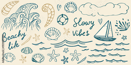 Hand drawn seashells waves and nautical elements with a beachy aesthetic