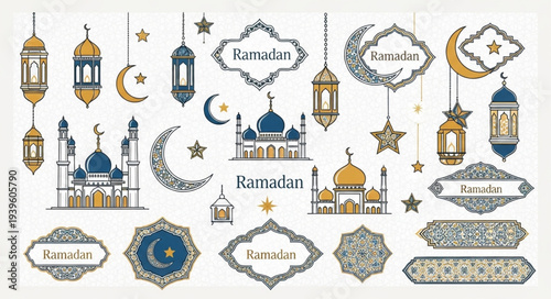 Collection of Islamic Lanterns and Crescent Moon Symbols.