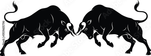 Aggressive twin bull silhouette vector illustration, fighting cattle logo design, strong animal symbol isolated background, black white minimal art style