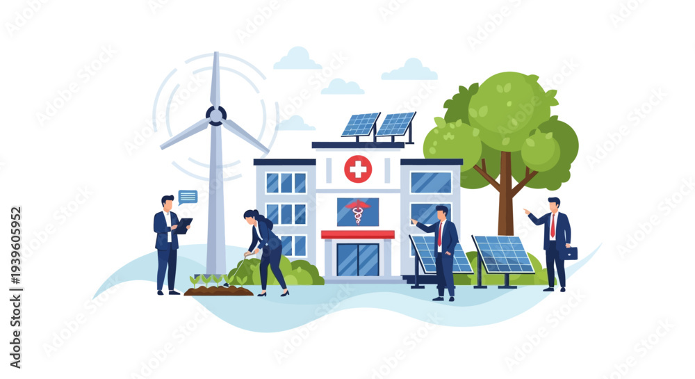 Naklejka premium Sustainable Hospital: Green Energy Solutions with Solar Panels, Wind Turbine, and Eco-Friendly Healthcare Practices